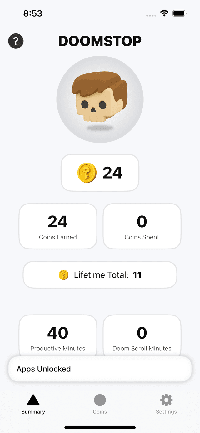 Doomstop app home screen